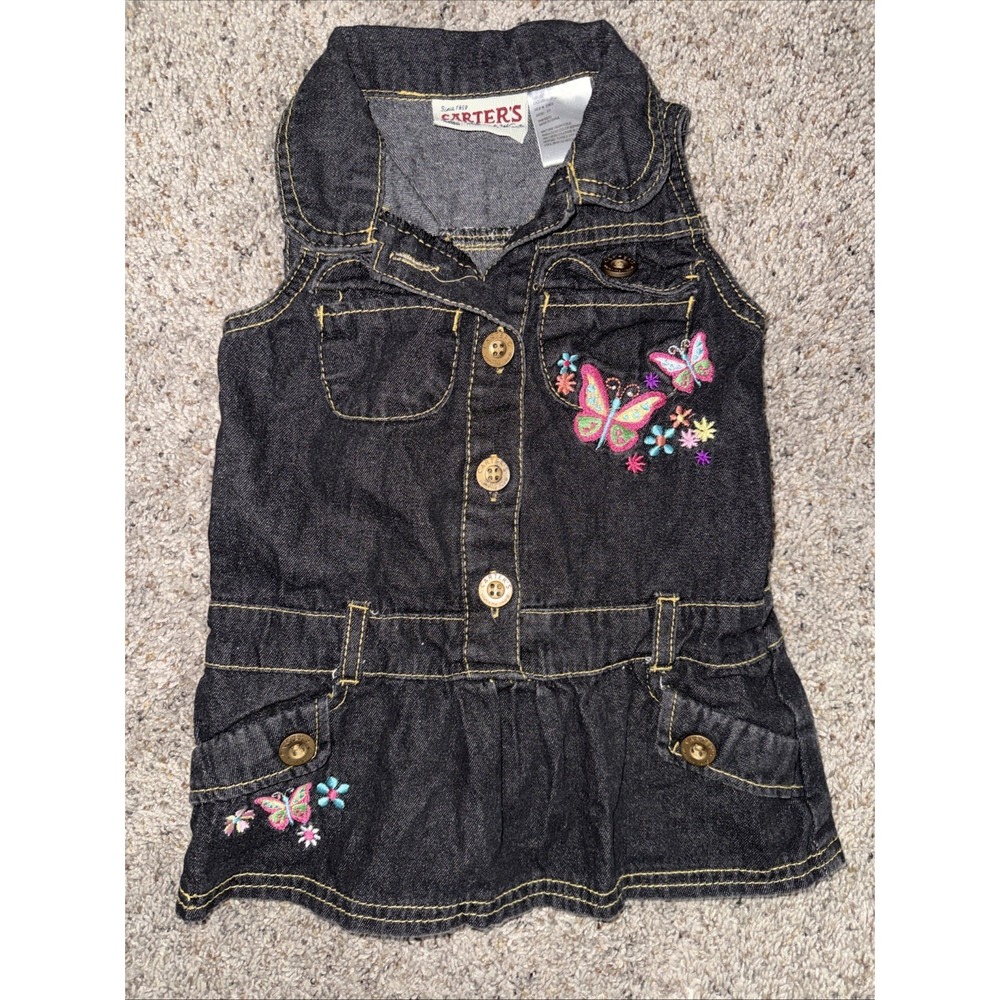 Vtg Carter's Baby Girl Denim Embroidered Butterfly Western Dress 2T *no belt*